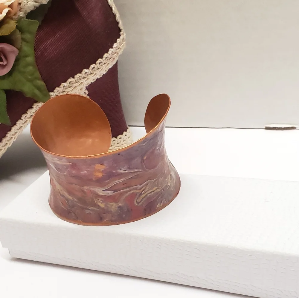 Hand Painted Acrylic Pour Pink Purple & Copper Metallic Swirl Cuff Bracelet